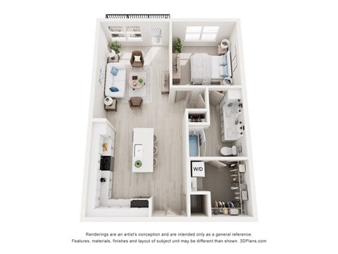 Floor plan for 1 bed, 1 bath, 833 sqft